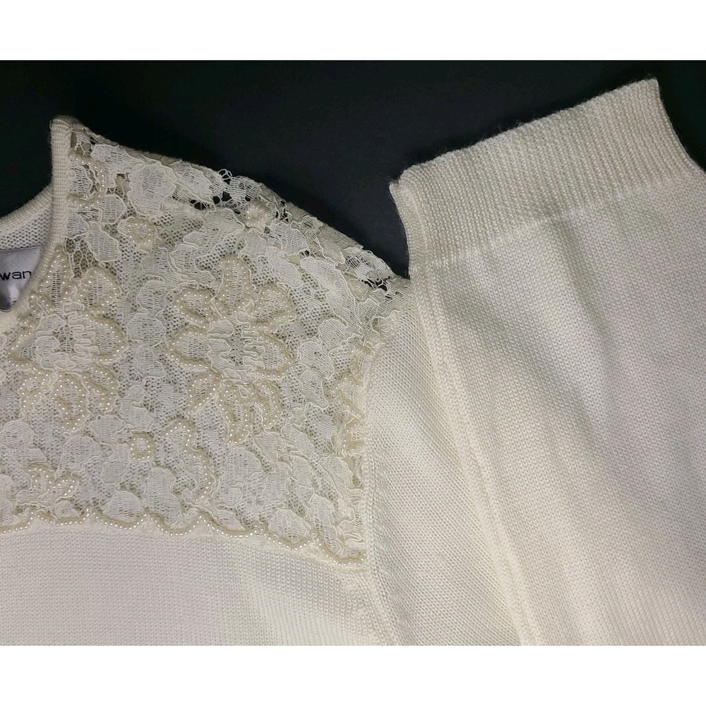 Vtg Rena Rowan Ivory Knit Lace Pearl Embellished Knit Blouse Top Womens Size L - Picture 5 of 8